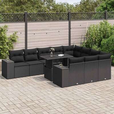 11 Piece Garden Sofa Set with Cushions Black Poly Rattan - Durable