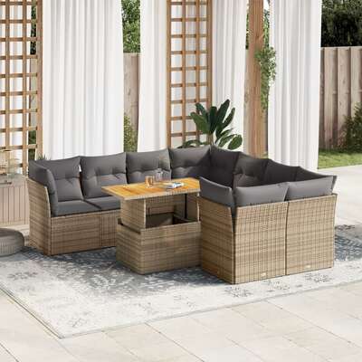 Garden Sofa Set with Cushions Modular Sofa 9 Piece Beige Poly Rattan