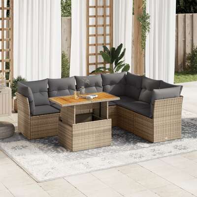 Garden Sofa Set with Cushions Modular Sofa 7 Piece Beige Poly Rattan