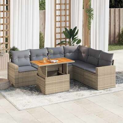 Garden Sofa Set with Cushions Modular Sofa 7 Piece Beige Poly Rattan - Outdoor Relaxation