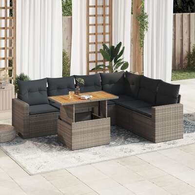 Garden Sofa Set with Cushions Modular Sofa 7 Piece Grey Poly Rattan - Outdoor Relaxation