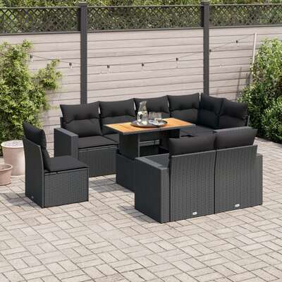 Garden Sofa Set with Cushions Modular Sofa 9 Pcs Black Poly Rattan