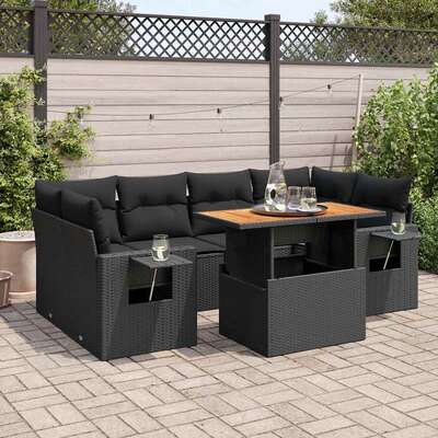 Garden Sofa Set with Cushions Modular Sofa 7 Piece - Black Poly Rattan