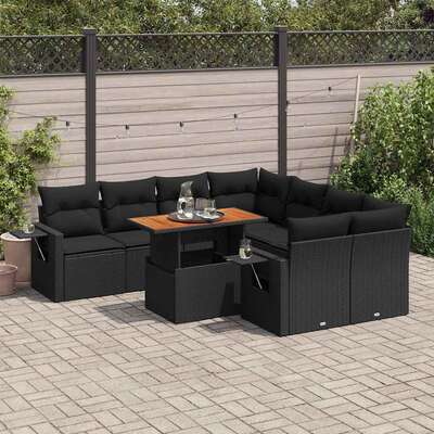 Stylish Garden Sofa Set with Cushions Modular Sofa 9 Piece Black Poly Rattan