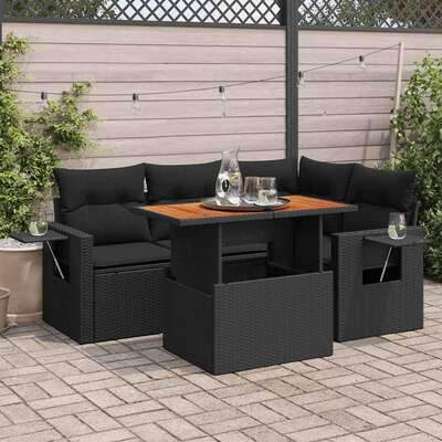 Elegant Garden Sofa Set with Cushions Modular Sofa 5 Piece Black Poly Rattan