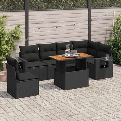 Sleek & Durable Garden Sofa Set with Cushions Modular Sofa 7 Piece Black Poly Rattan