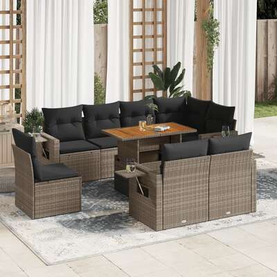 Modern Garden Sofa Set with Cushions Modular Sofa 9 Piece Grey Poly Rattan
