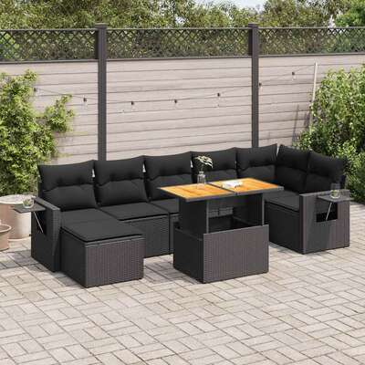 Durable 8 Piece Garden Sofa Set with Cushions Black Poly Rattan