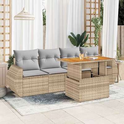 Durable Garden Sofa Set with Cushions Modular Sofa 5 Piece Beige Poly Rattan