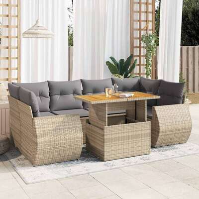 Garden Sofa Set with Cushions Modular Sofa 7 Piece Beige Poly Rattan - Stylish