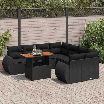 Luxurious Garden Sofa Set with Cushions Modular Sofa 9 Piece Black Poly Rattan