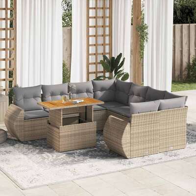 Luxurious Garden Sofa Set with Cushions Modular Sofa 9 Piece Beige Poly Rattan
