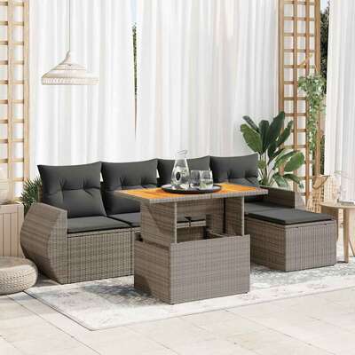 6 Pcs Garden Sofa Set with Cushions Grey Poly Rattan - Outdoor Luxury