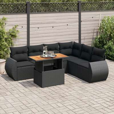 Versatile  Garden Sofa Set with Cushions Modular Sofa 7 Piece Black Poly Rattan