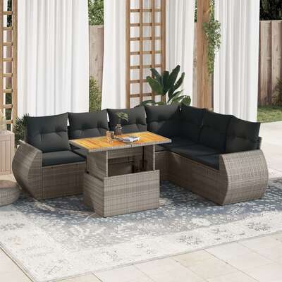 Garden Sofa Set with Cushions Modular Sofa 7 Piece Grey Poly Rattan - Modern Comfort