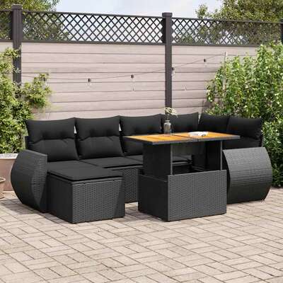 Modern 7 Piece Garden Sofa Set with Cushions Black Poly Rattan