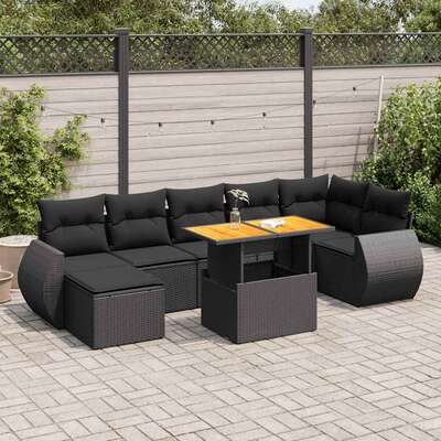 Sleek 8 Piece Garden Sofa Set with Cushions Black Poly Rattan