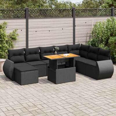 Elegant 9 Pcs Garden Sofa Set with Cushions Black - Poly Rattan