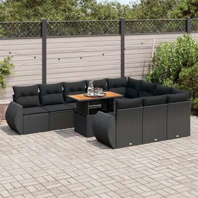 Garden Sofa Set with Cushions Modular Sofa 11 Piece - Black Poly Rattan