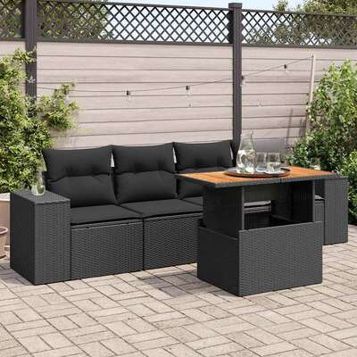 Garden Sofa Set with Cushions Modular Sofa 5 Piece Black Poly Rattan - Stylish 