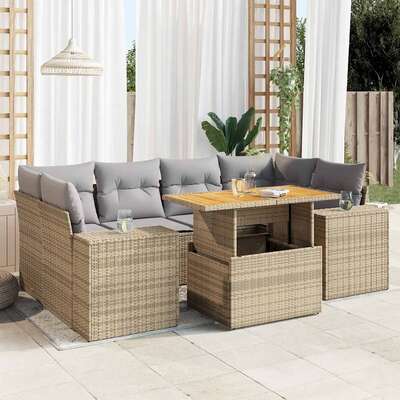 Durable and Stylish Garden Sofa Set with Cushions Modular Sofa 7 Piece Beige Poly Rattan