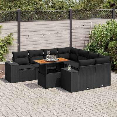 Garden Sofa Set with Cushions Modular Sofa 9 Piece Black Poly Rattan - Luxurious