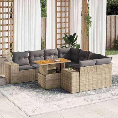 Modern Garden Sofa Set with Cushions Modular Sofa 9 Piece Beige Poly Rattan