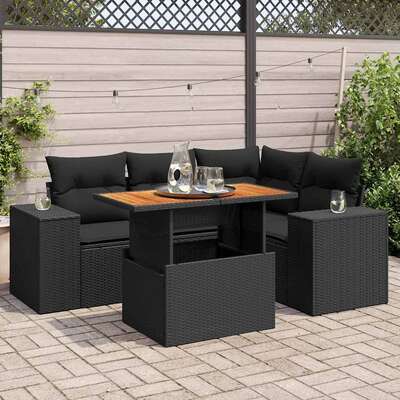 Garden Sofa Set with Cushions Modular Sofa 5 Piece Black Poly Rattan - Luxurious