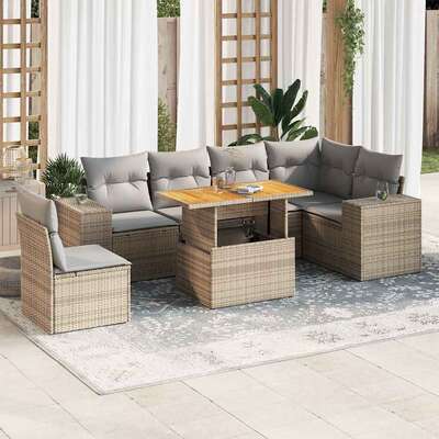 Garden Sofa Set with Cushions Modular Sofa 7 Piece - Beige Poly Rattan
