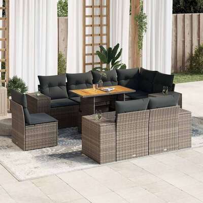 Elegant Garden Sofa Set with Cushions Modular Sofa 9 Piece Grey Poly Rattan