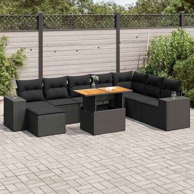 9 Piece Garden Sofa Set with Cushions Black Poly Rattan Acacia  - Stylish