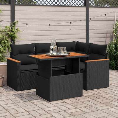 5 Pcs Garden Sofa Set with Cushions Black Poly Rattan Acacia - Sleek & Functional
