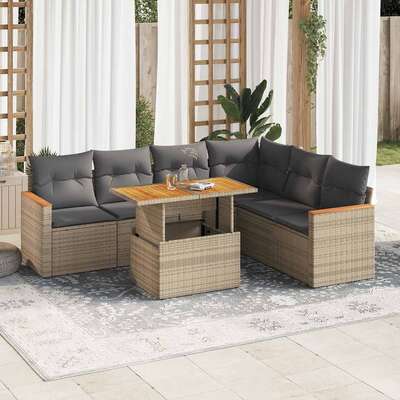 7 Piece Garden Sofa Set with Cushions Beige Poly Rattan Acacia 