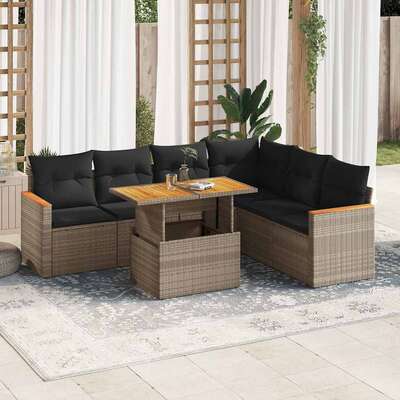 7 Piece Garden Sofa Set with Cushions Grey Poly Rattan Acacia - Luxurious