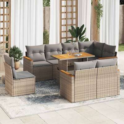 9 Piece Garden Sofa Set with Cushions Beige Poly Rattan Acacia - Outdoor Living