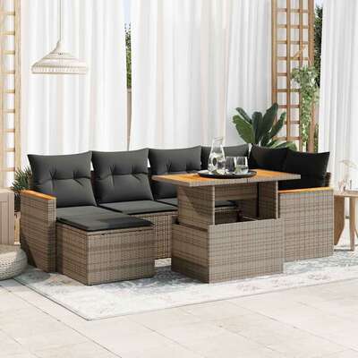 7 Piece Garden Sofa Set with Cushions Grey Poly Rattan Acacia - Modern Outdoor