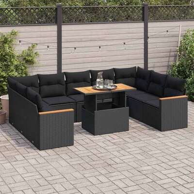 10 Piece Garden Sofa Set with Cushions Black Poly Rattan Acacia - Sleek & Functional