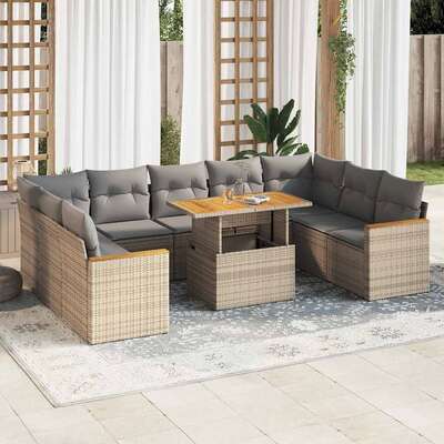 10 Piece Garden Sofa Set with Cushions Beige Poly Rattan Acacia - Versatile