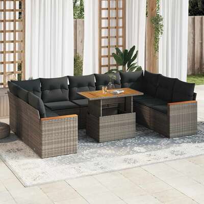 10 Piece Garden Sofa Set with Cushions Grey Poly Rattan Acacia - Comfort & Style