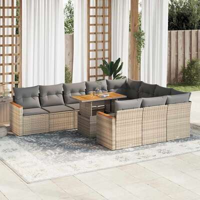 11 Piece Garden Sofa Set with Cushions Beige Poly Rattan Acacia 