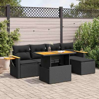Luxurious 7 Piece Garden Sofa Set with Cushions Black Poly Rattan Acacia