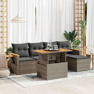 7 Piece Garden Sofa Set with Cushions Grey Poly Rattan Acacia - Durable & Chic