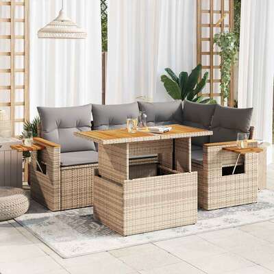 4 Piece Garden Sofa Set with Cushions Beige Poly Rattan Acacia - Durable & Chic