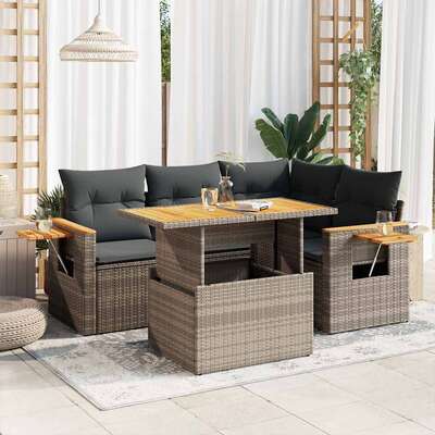 4 Piece Garden Sofa Set with Cushions Grey Poly Rattan Acacia - Durable & Chic