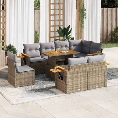 9 Piece Garden Sofa Set with Cushions - Beige Poly Rattan Acacia