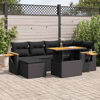 7 Piece Garden Sofa Set with Cushions Black Poly Rattan Acacia 