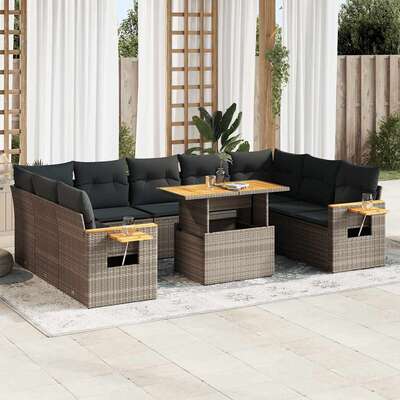 10 Piece Garden Sofa Set with Cushions Grey Poly Rattan Acacia - Durable & Chic