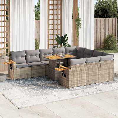 10 Piece Garden Sofa Set with Cushions Beige Poly Rattan Acacia - Durable & Chic