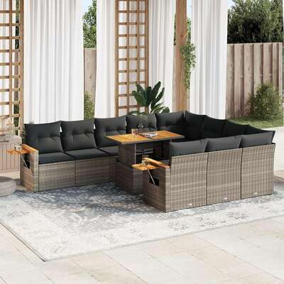 10 Pcs Garden Sofa Set with Cushions Grey Poly Rattan Acacia - Durable & Chic