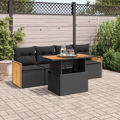 Stylish Comfort 5 Piece Garden Sofa Set with Cushions Black Poly Rattan Acacia